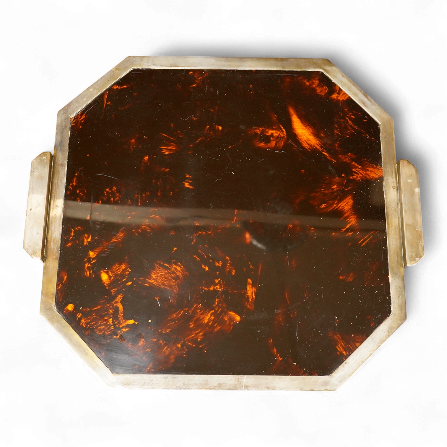 An Art Deco style silver plated two handled tray with faux tortoiseshell interior, 42cm